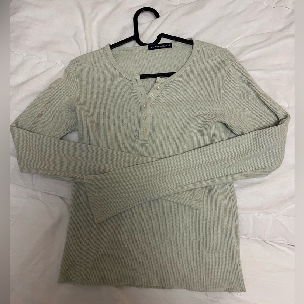 Brandy Melville Sage Green Ribbed Henley Long Sleeve Top